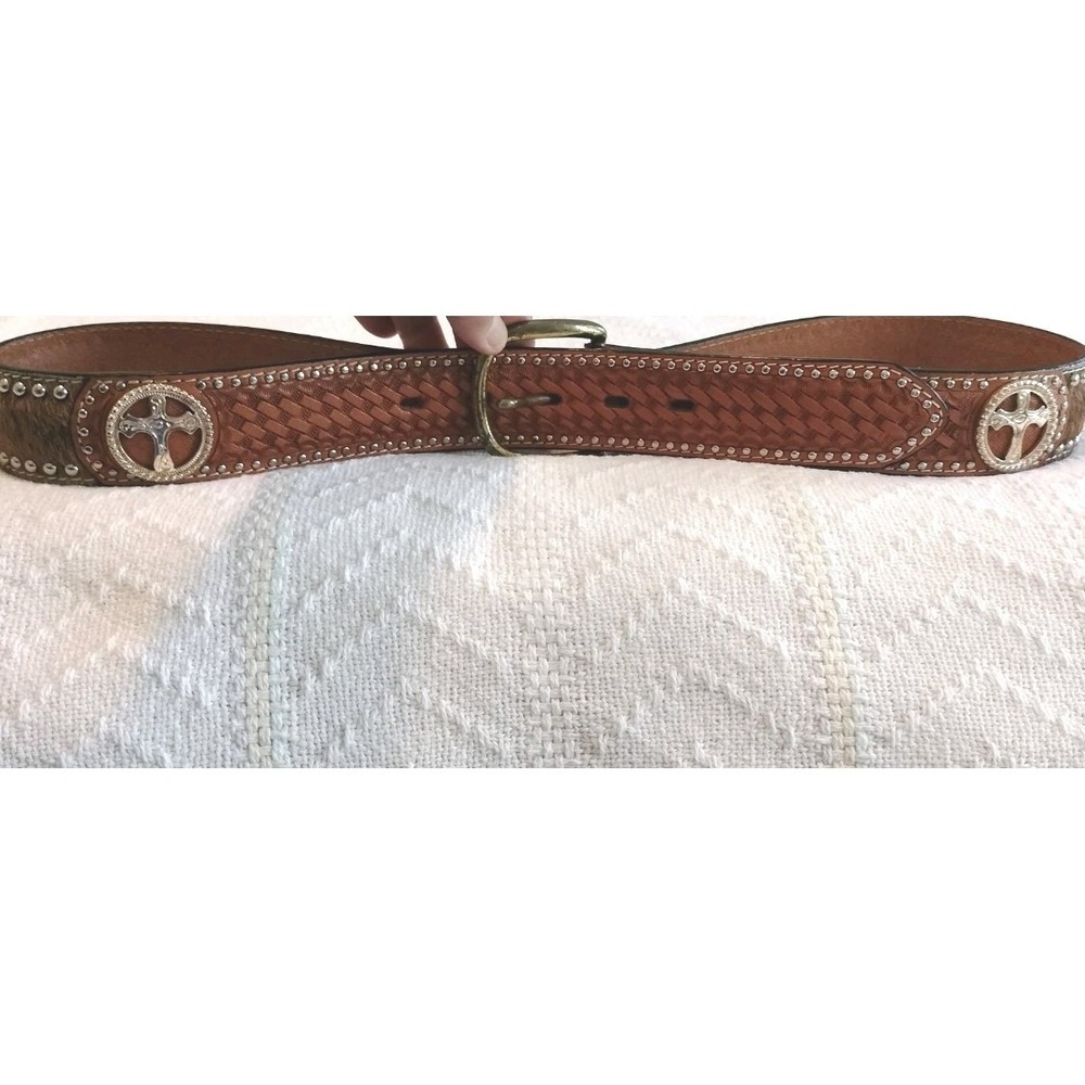Ranger Belt Company Western Leather Belt Size 36 Handtooled Cross Hair-on-Hide
